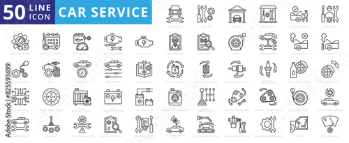Car service icon set with garage, workshop, auto mechanic, technician, station, lubrication, maintenance and automotive.
