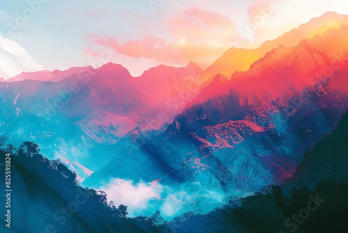 Majestic mountain range close up, focus on, copy space, vibrant colors, double exposure silhouette with nature