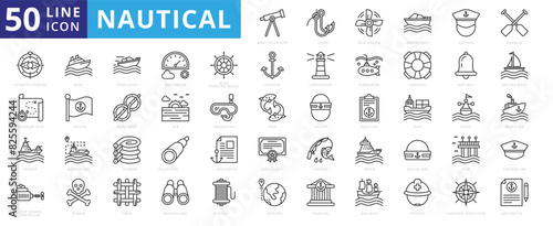 Nautical icon set with hook, ship engine, watercraft, captain, paddles, propeller, azimuth compass, treasure map and frigate.