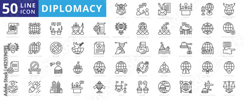 Diplomacy icon set with comprises spoken, written communication, leader, diplomats, international system and foreign policy.