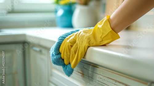 Cleaning Kitchen Furniture with Rubber Glove and Microfiber Rag