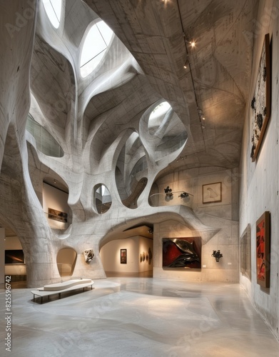 A large, open space with a lot of artwork on the walls