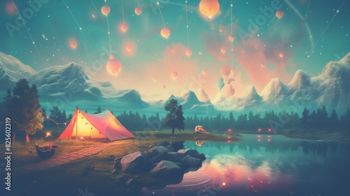 A serene campsite nestled by a lake, surrounded by majestic mountains and a sky filled with glowing lanterns and shooting stars.