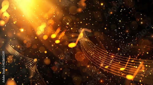 Gold music background with musical notes and bokeh lights.