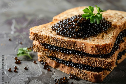 Sandwich with black sturgeon caviar on one color background. Luxurious black caviar - generative ai