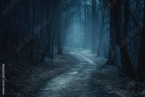 A misty path winds through a dense, haunted forest under a ghostly moonlit sky, creating a sense of foreboding.