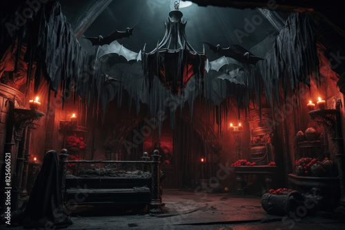 Gothic vampire lair with dramatic red candles and bat decorations, creating a sinister and opulent atmosphere.