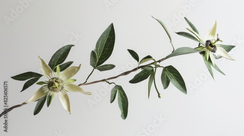 Green passionflower on a twig with a white backdrop