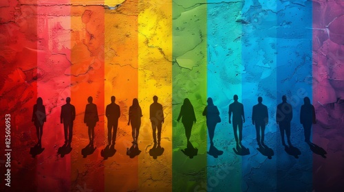 LGBT color background, silhouettes of young men and women wearing work clothes symbolize diversity and inclusion, emphasizing unity and cohesion across different identities.