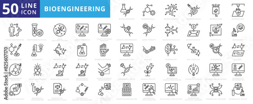 Bioengineering icon set with biomaterials, biomechanics, bioprocessing, bioreactors, bioprinting and biopharmaceutical.