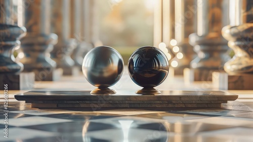 A 3D illustration featuring two spheres--one representing rationality and the other emotion--sitting in perfect balance on a scale, symbolizing the harmonious coexistence of intellect and feelings.