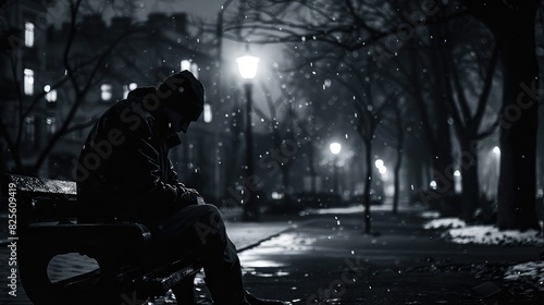 A person sitting alone on a bench, head bowed, shoulders slumped, lost in melancholy thoughts.