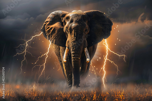 An elephant is walking through a field of grass with lightning in the background