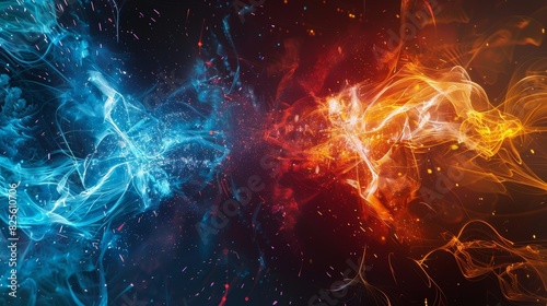 Electric blue and fiery orange trails follow the movement of the two quarks in their dynamic interaction.