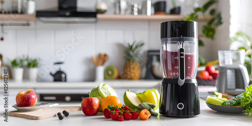 modern blender sits on a kitchen counter surrounded by various fruits and vegetables