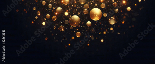 Gold funkelnde Partikel abstrakter Hintergrund. Weihnachtsgoldene Lichtglanzpartikel Bokeh auf marineblauem schwarzem Hintergrund. Urlaubskonzept. Abstrakter Hintergrund mit Goldpartikeln.