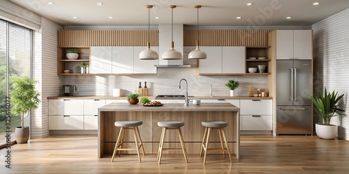 A minimalist kitchen with neutral colors, clean countertops, and stylish appliances