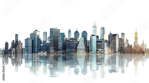 a city skyline with a reflection in the water, transparent background png