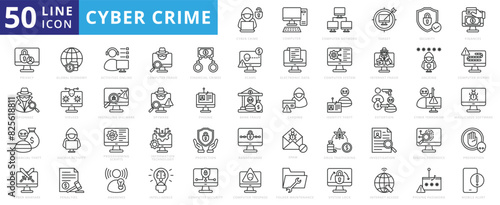 Cybercrime icon set with computer, network, target, security, finances, privacy, espionage, theft and warfare.