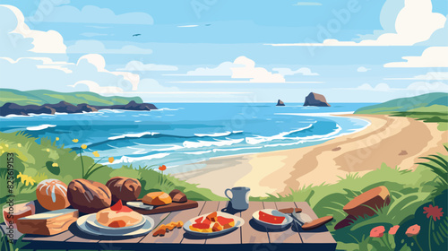 Summer sea shore landscape with food served for pic