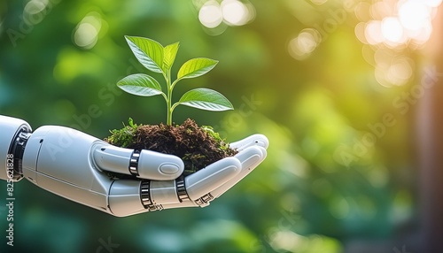 nature Environmental Environmental technology concept, Robot hand holding small plants, Artificial Intelligence and Technology ecology, Green technology and Environmental technology, AI, generative ai