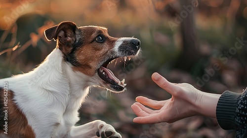 Pregnant female dog Jack Russell terrier growls to person hand. Animal instinct and behaviour