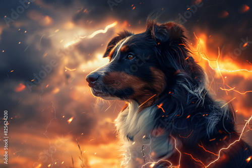 Dog animal with dramatic and lightning background