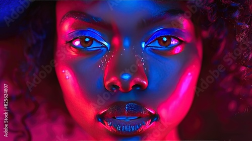 African American woman in hat with neon lights on face on black background - Generative AI