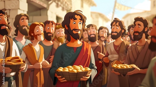  Experience the dramatic transformation in this cartoon illustration as Jesus multiplies loaves and fishes to feed a hungry crowd in a bustling marketplace. Witness chaos turning into order 