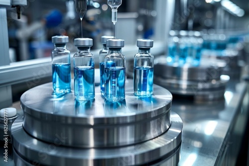 Close-up of vaccine vials being filled with blue liquid on an automated production line in a pharmaceutical factory.