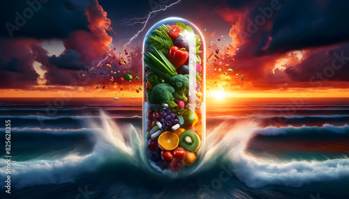 a large transparent capsule filled with an assortment of fresh vegetables, fruits, nuts, and vitamins. The capsule appears to burst open, with its vibrant contents spilling out against a minimalist