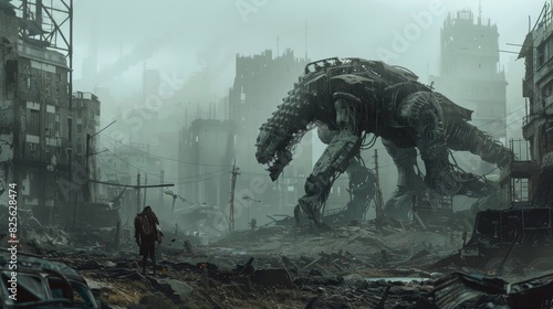 A postapocalyptic wasteland with mutated creatures and ruins influenced by the dark and gritty album covers of industrial and metal records.
