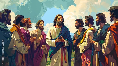 Step into the triumphant cartoon scene where Jesus commissions his twelve disciples to spread his message of love and salvation worldwide. Jesus, with compassion and authority in his gaze,