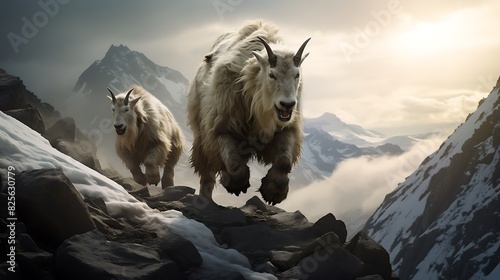 A family of mountain goats navigating a treacherous mountain pass with cautious determination, their bond evident as they stick together while conquering the formidable terrain.