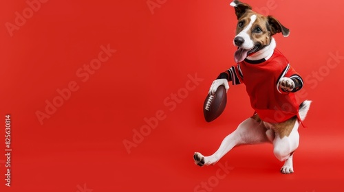 A dog in football gear, kicking a field goal like a human, on a solid red background with copy space on the left side