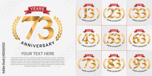 anniversary logotype set vector, gold color and red ribbon for special day celebration