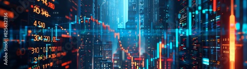A digital background featuring stock market charts and graphs, representing the trading of a futuristic cyberpunk cityscape, with neon lights creating an atmosphere of financial activity. The composit