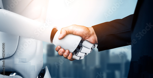 MLB 3d illustration humanoid robot handshake to collaborate future technology development by AI thinking brain, artificial intelligence and machine learning process for 4th industrial revolution.