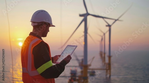 A technician is documenting all maintenance tasks on a tablet keeping detailed records to help improve efficiency and reliability of future wind turbine operations.