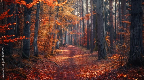 Forest trail covered in autumn leaves