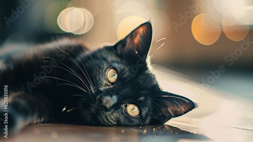Health and midicine icons on Blurred closeup portrait of a charming young domestic Black cat playing on the floor, playfully looks. Pets Health care concept with Free space fot text