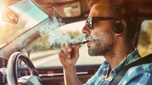 Man driving smoking electronic cigarette. panoramic banner