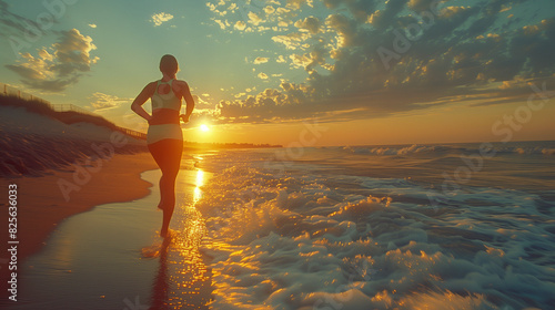 Summer: A woman jogging along the beach in athletic wear at sunrise