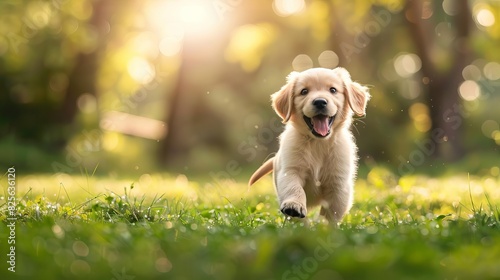 Golden retriever puppy playing in a meadow
