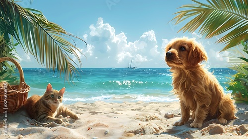 A beach picnic with a dog sniffing at a basket and a cat lounging in the sun