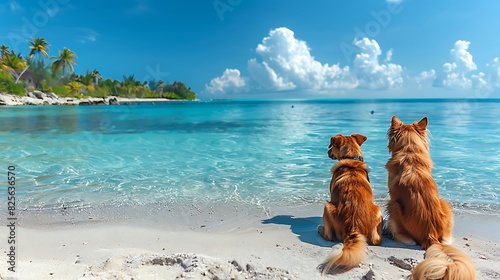 A cat and dog exploring a deserted island beach with palm trees and clear blue water