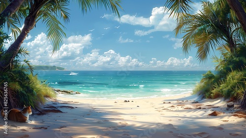 A tranquil beach scene with a dog and cat resting under a shady palm tree