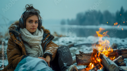 Winter: A woman in a long coat and earmuffs, sitting by a driftwood firepit.