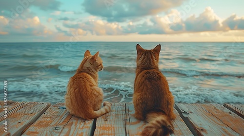 A dog and cat sitting on a lifeguard tower overlooking the sea