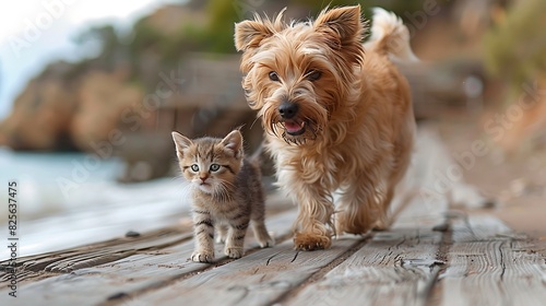 A dog and cat walking together along a beach boardwalk